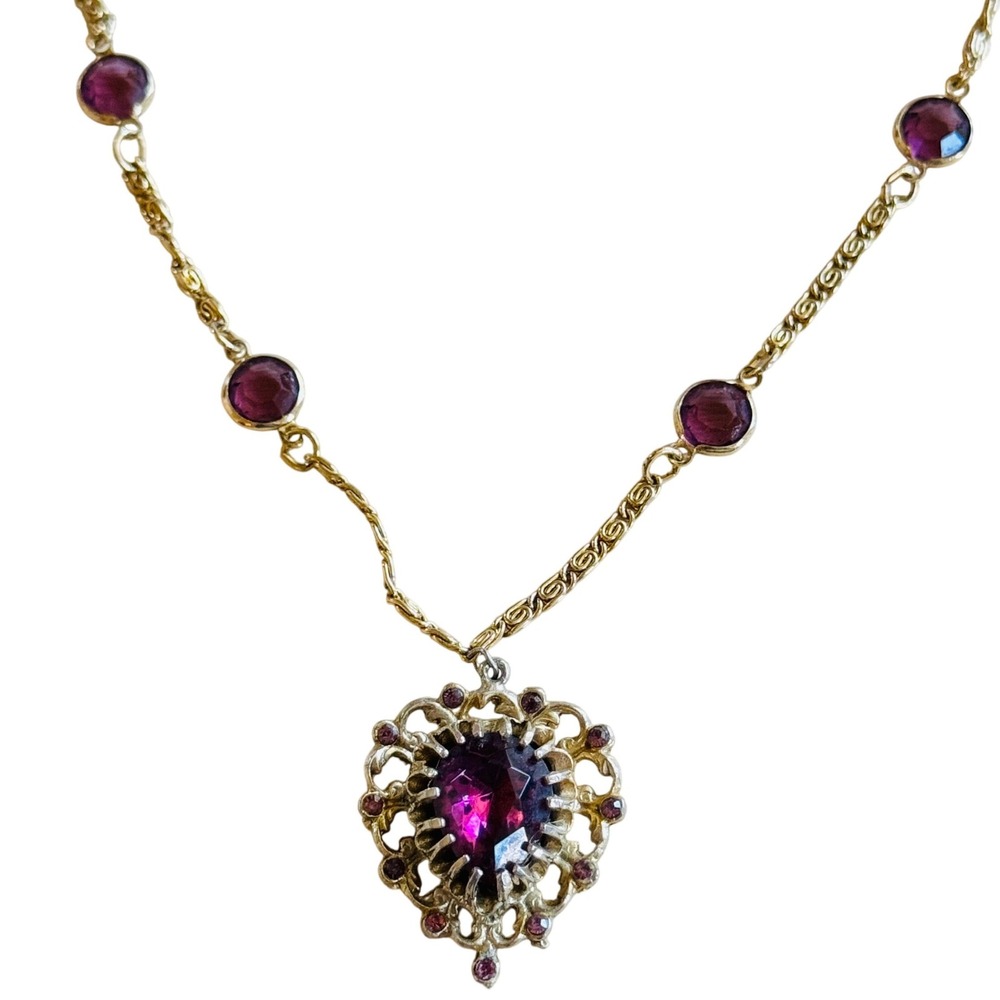 VTG Regal Open Bezel Crystal Heart Necklace Purple Rhinestone Gold Plated Choker